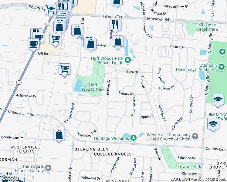 map of restaurants, bars, coffee shops, grocery stores, and more near 454 Legacy Court in Westerville