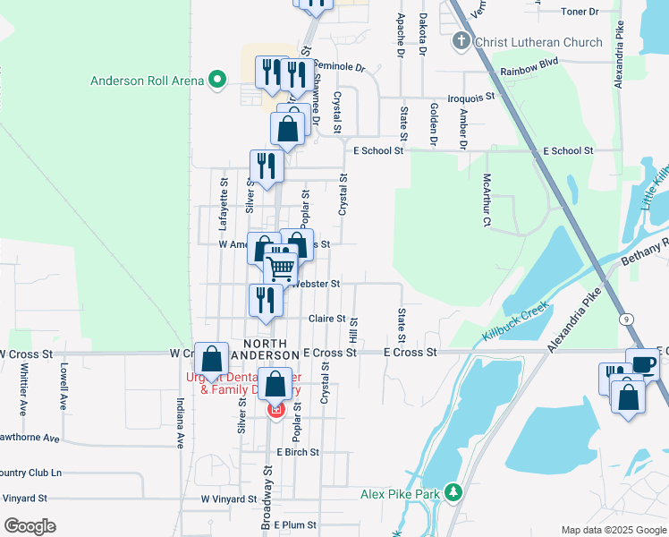 map of restaurants, bars, coffee shops, grocery stores, and more near 2218 Crystal Street in Anderson