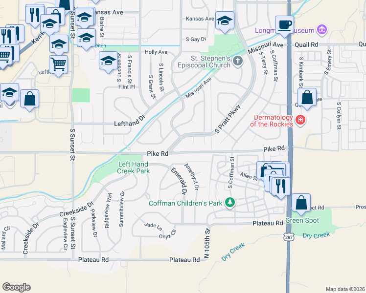 map of restaurants, bars, coffee shops, grocery stores, and more near 1812 South Pratt Parkway in Longmont