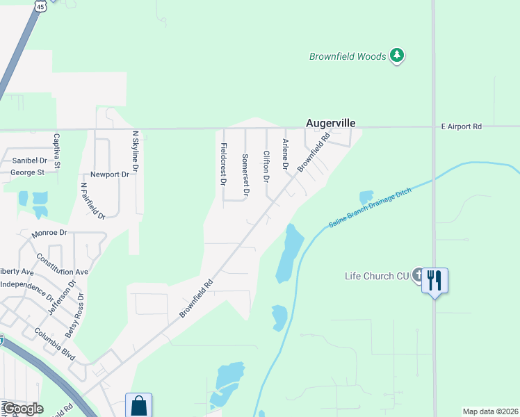 map of restaurants, bars, coffee shops, grocery stores, and more near 2415 Brownfield Road in Urbana