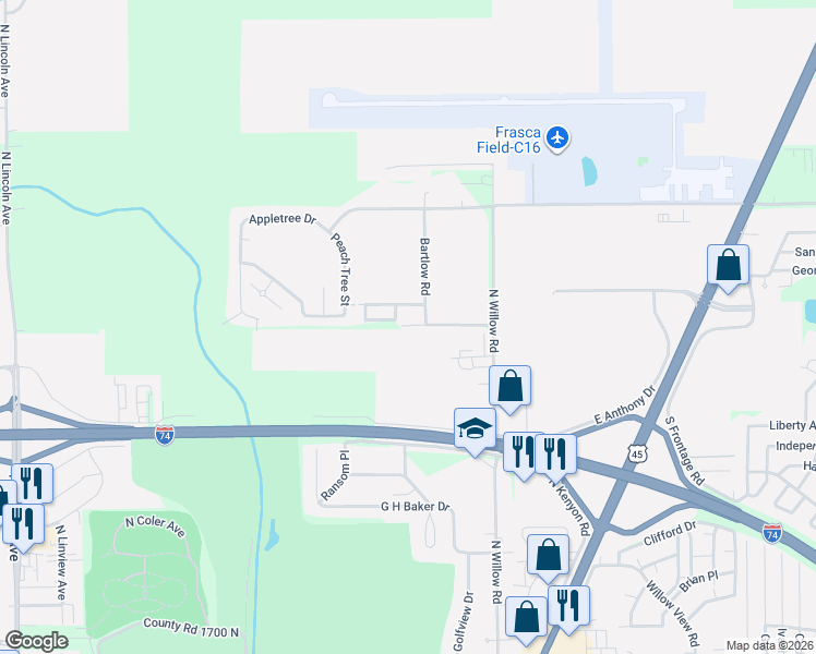 map of restaurants, bars, coffee shops, grocery stores, and more near 402 Beason Road in Urbana