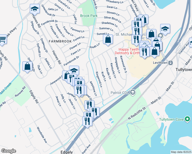 map of restaurants, bars, coffee shops, grocery stores, and more near 71 Kingwood Lane in Levittown