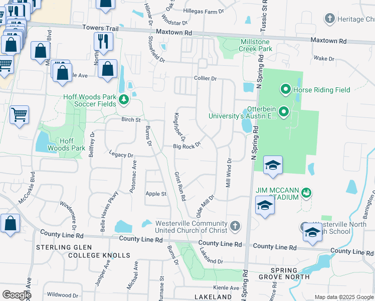 map of restaurants, bars, coffee shops, grocery stores, and more near 653 Big Rock Drive in Westerville