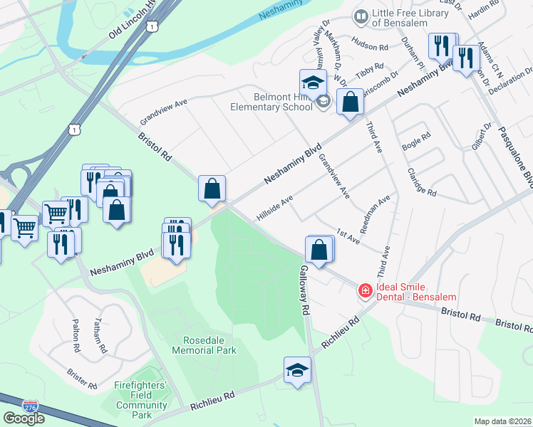 map of restaurants, bars, coffee shops, grocery stores, and more near 4512 Hillside Avenue in Bensalem