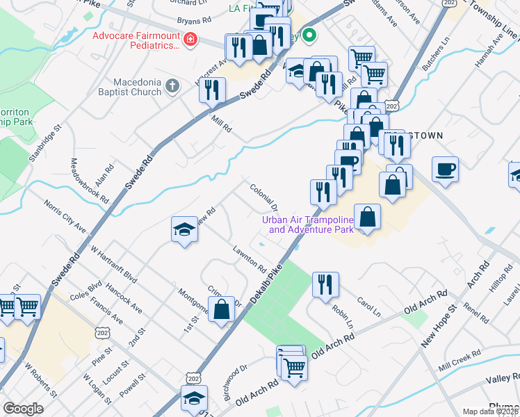 map of restaurants, bars, coffee shops, grocery stores, and more near 105 Valley View Road in Norristown