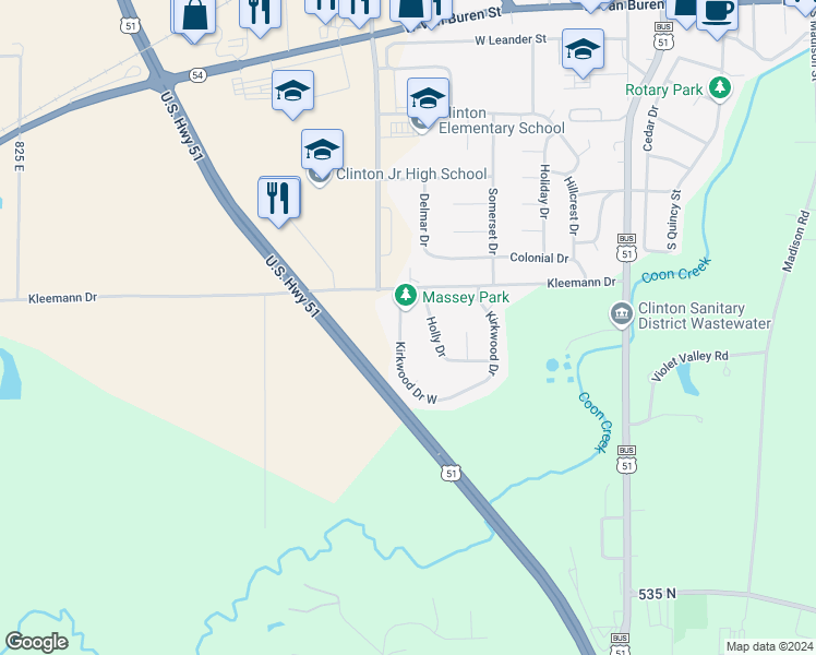 map of restaurants, bars, coffee shops, grocery stores, and more near 62 Kirkwood Drive in Clinton