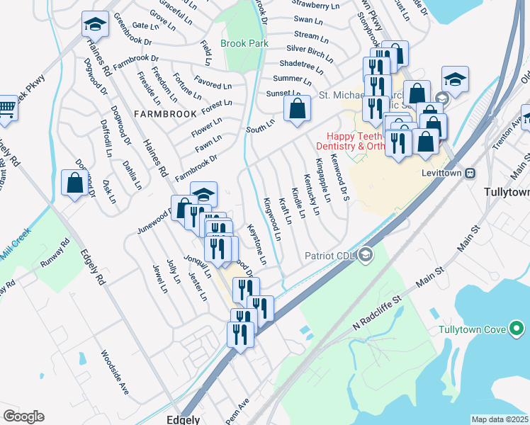 map of restaurants, bars, coffee shops, grocery stores, and more near 71 Kingwood Lane in Levittown