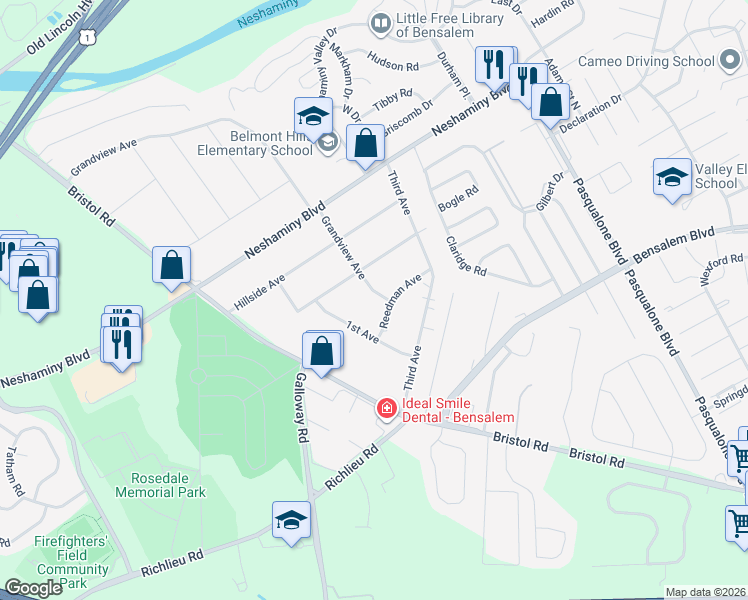 map of restaurants, bars, coffee shops, grocery stores, and more near 3316 Grandview Avenue in Bensalem