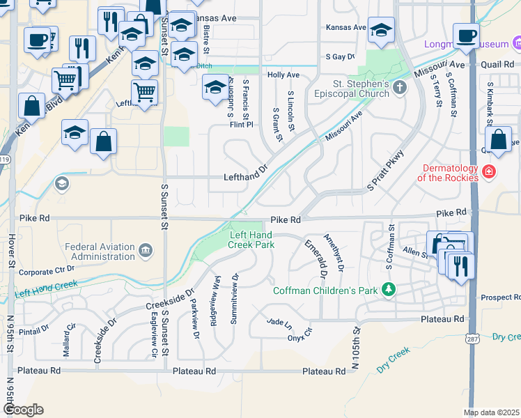 map of restaurants, bars, coffee shops, grocery stores, and more near 1439 Brookfield Drive in Longmont