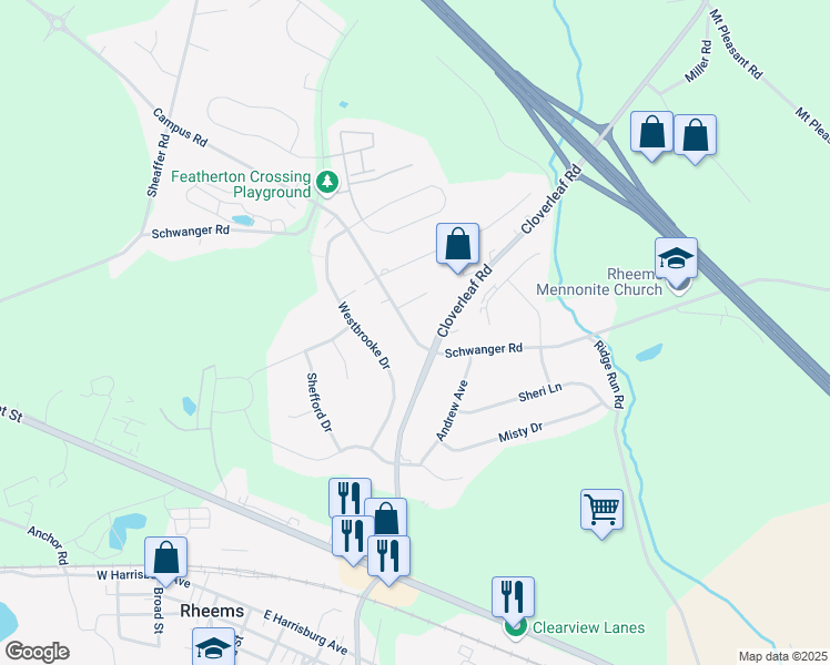 map of restaurants, bars, coffee shops, grocery stores, and more near 1079 Schwanger Road in Elizabethtown