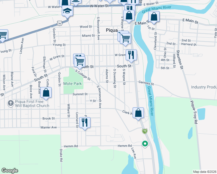 map of restaurants, bars, coffee shops, grocery stores, and more near 717 Adams Street in Piqua