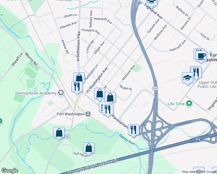 map of restaurants, bars, coffee shops, grocery stores, and more near 203 Summit Ave in Fort Washington