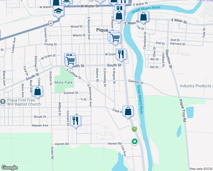 map of restaurants, bars, coffee shops, grocery stores, and more near 715 South Downing Street in Piqua