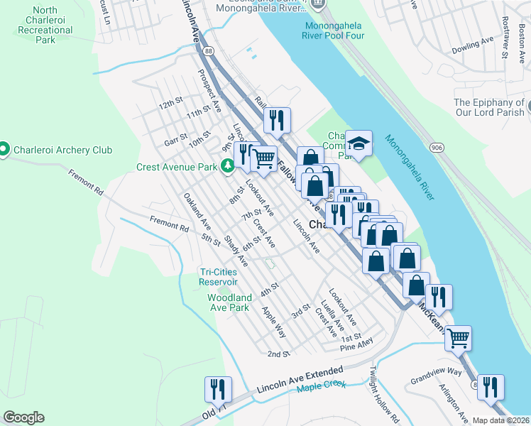 map of restaurants, bars, coffee shops, grocery stores, and more near 601 7th Street in Charleroi
