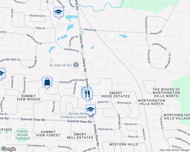 map of restaurants, bars, coffee shops, grocery stores, and more near 2969 Jamestown Drive in Powell
