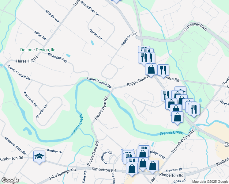map of restaurants, bars, coffee shops, grocery stores, and more near 1132 Rapps Dam Road in Phoenixville