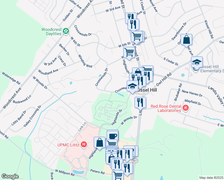 map of restaurants, bars, coffee shops, grocery stores, and more near 325 Crosswinds Drive in Lititz