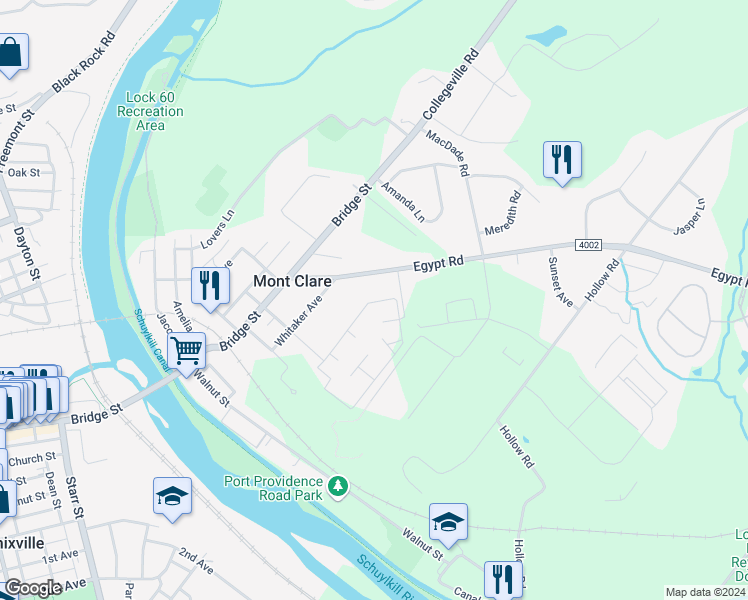 map of restaurants, bars, coffee shops, grocery stores, and more near 400 Meadowview Lane in Mont Clare