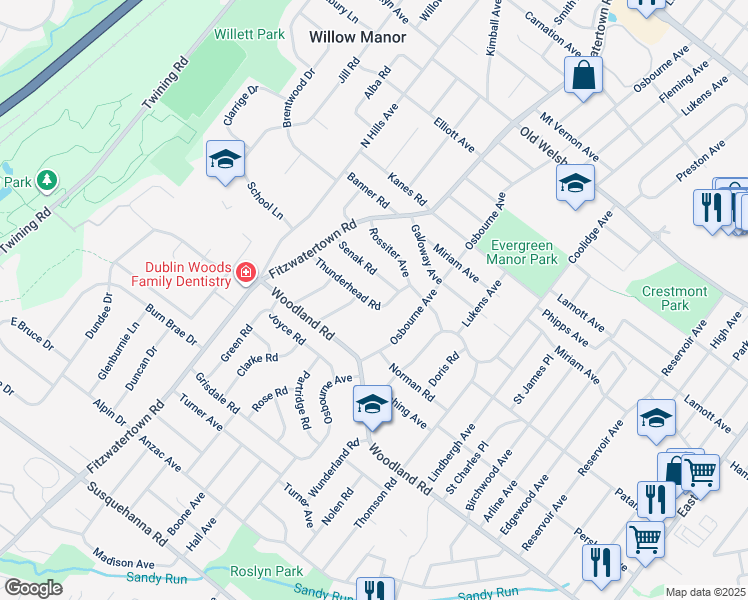 map of restaurants, bars, coffee shops, grocery stores, and more near 2881 Thunderhead Road in Abington