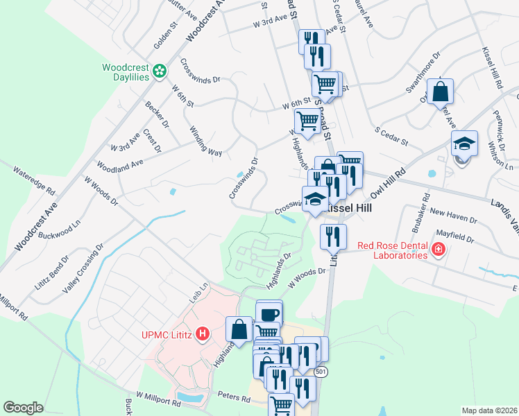 map of restaurants, bars, coffee shops, grocery stores, and more near 331 Crosswinds Drive in Lititz