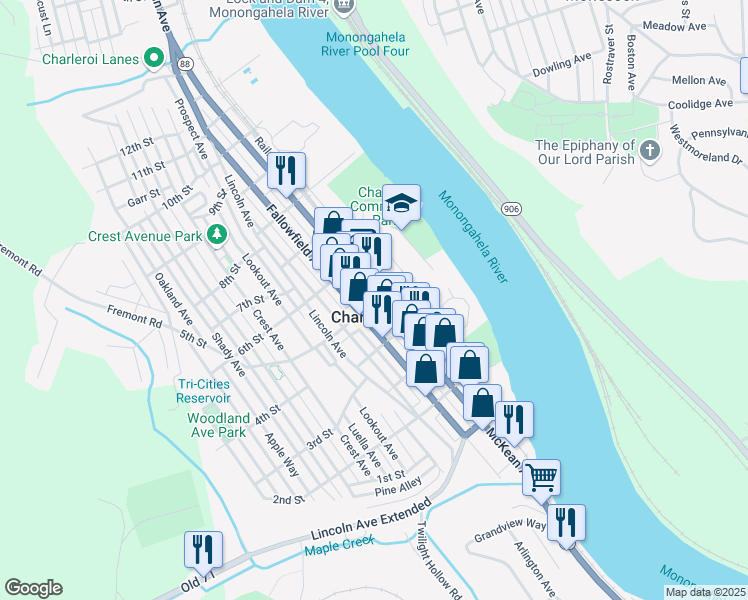 map of restaurants, bars, coffee shops, grocery stores, and more near 210 5th Street in Charleroi