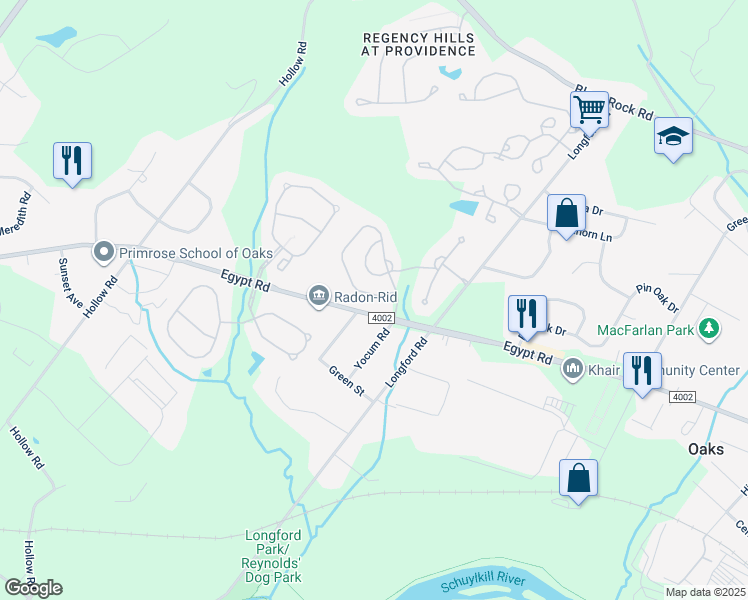 map of restaurants, bars, coffee shops, grocery stores, and more near 118 Hudson Drive in Phoenixville