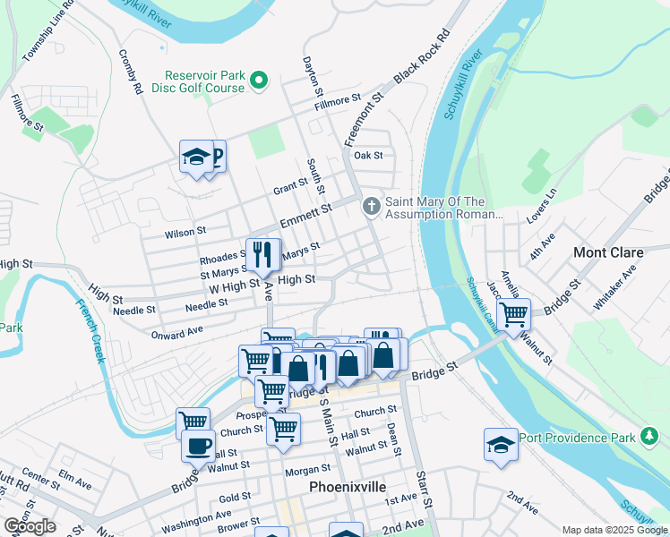 map of restaurants, bars, coffee shops, grocery stores, and more near 250 Penn Street in Phoenixville
