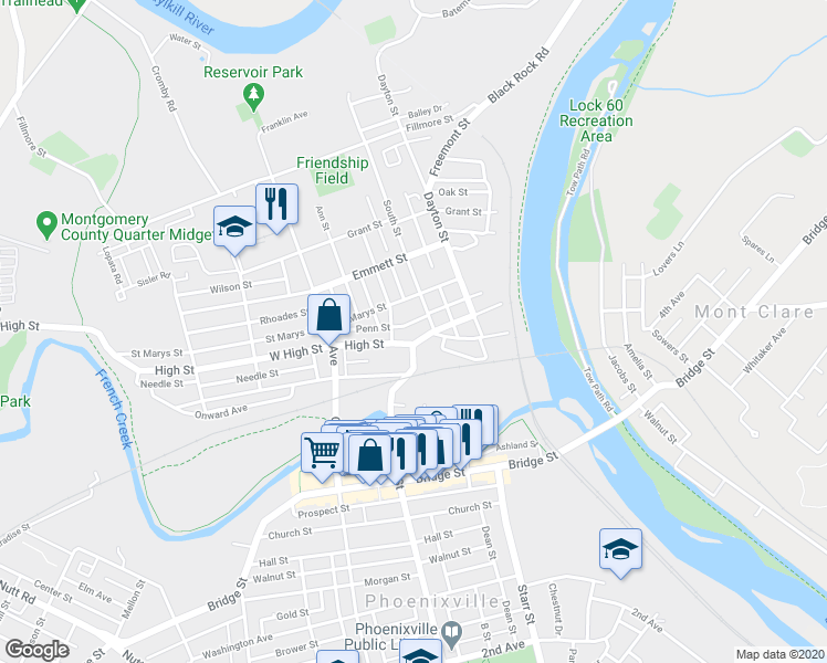 map of restaurants, bars, coffee shops, grocery stores, and more near 250 Penn Street in Phoenixville