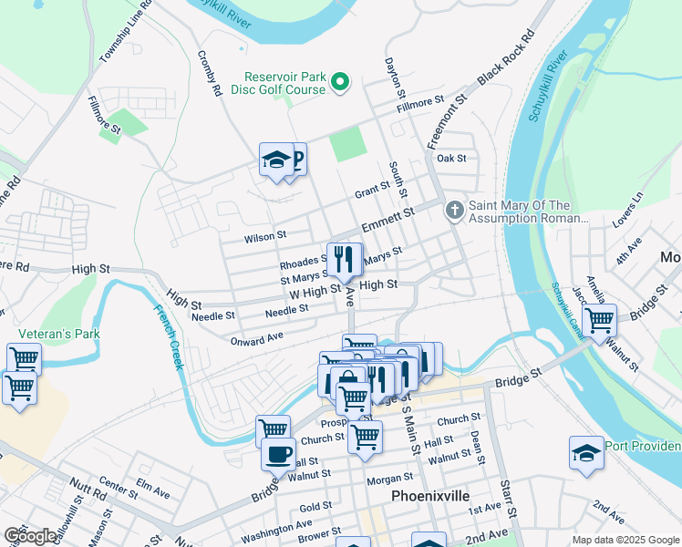 map of restaurants, bars, coffee shops, grocery stores, and more near 211 Franklin Avenue in Phoenixville