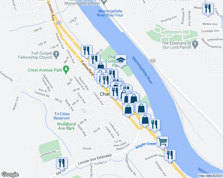 map of restaurants, bars, coffee shops, grocery stores, and more near in Charleroi