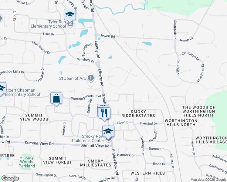 map of restaurants, bars, coffee shops, grocery stores, and more near 2969 Jamestown Drive in Powell