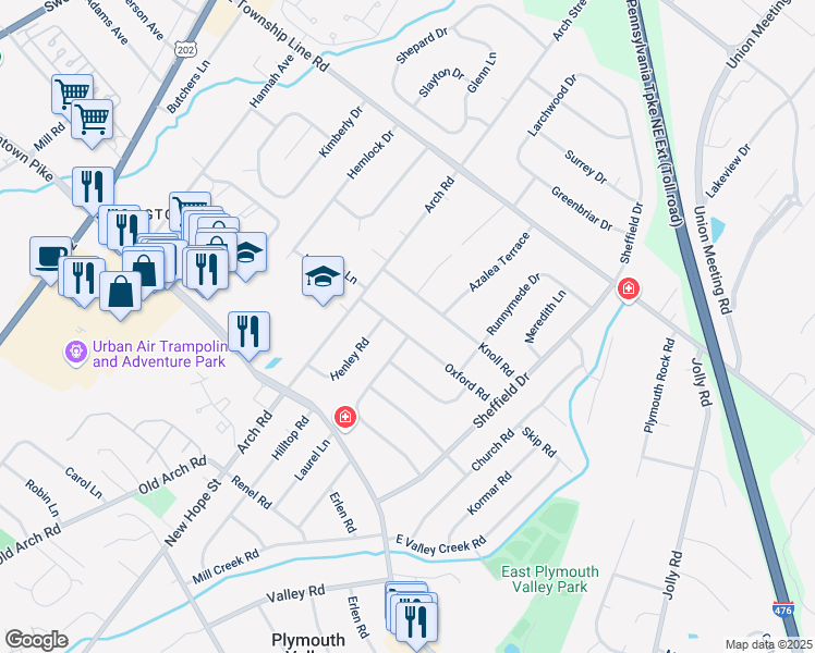 map of restaurants, bars, coffee shops, grocery stores, and more near 327 Oxford Road in Plymouth Meeting