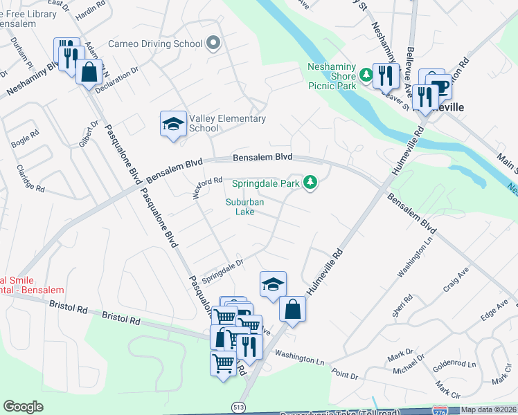 map of restaurants, bars, coffee shops, grocery stores, and more near 2525 Valley View Road in Bensalem