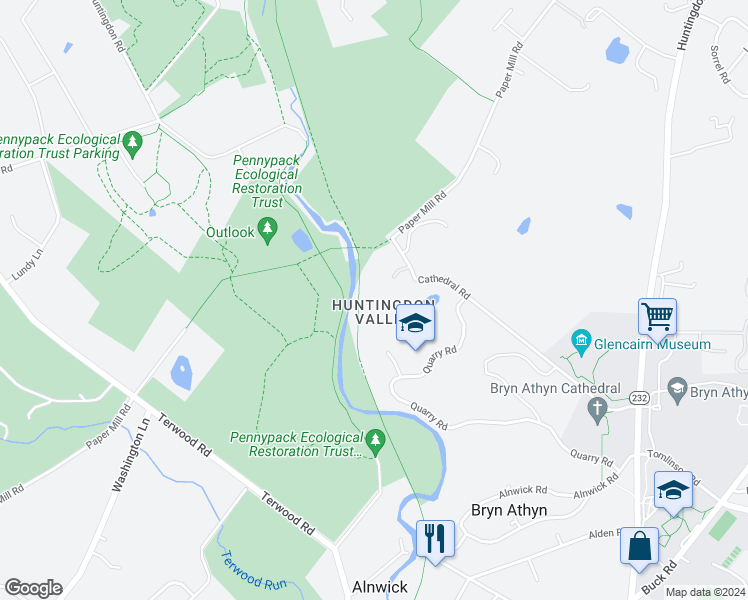 map of restaurants, bars, coffee shops, grocery stores, and more near 2816 Cairnrun Circle in Bryn Athyn