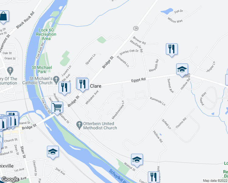 map of restaurants, bars, coffee shops, grocery stores, and more near 422 Meadowview Lane in Mont Clare