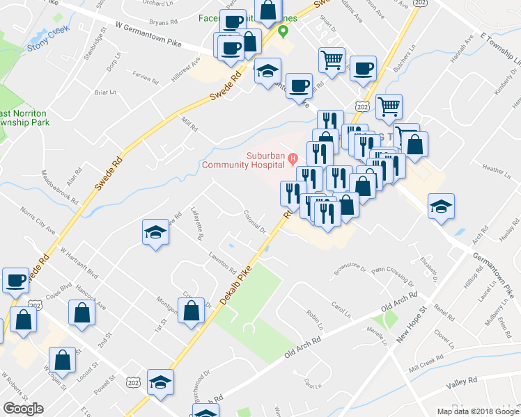 map of restaurants, bars, coffee shops, grocery stores, and more near 4 Colonial Cir in Norristown