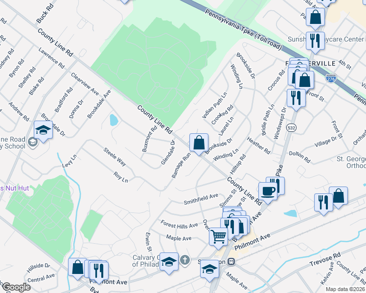 map of restaurants, bars, coffee shops, grocery stores, and more near 38 County Line Road in Montgomery County
