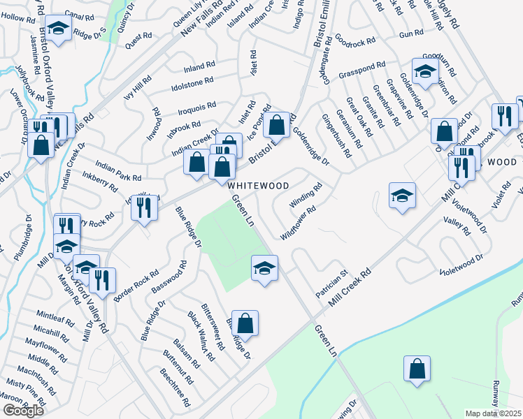 map of restaurants, bars, coffee shops, grocery stores, and more near 15 Wildflower Road in Levittown
