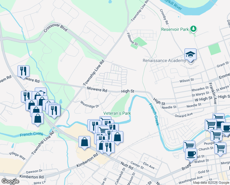 map of restaurants, bars, coffee shops, grocery stores, and more near 902 Westridge Gardens Way in Phoenixville