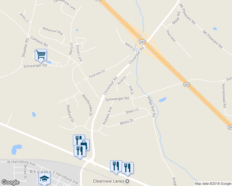 map of restaurants, bars, coffee shops, grocery stores, and more near 673 Knoll Drive in Mount Joy