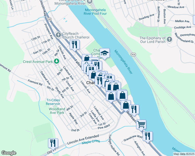 map of restaurants, bars, coffee shops, grocery stores, and more near 210 5th Street in Charleroi