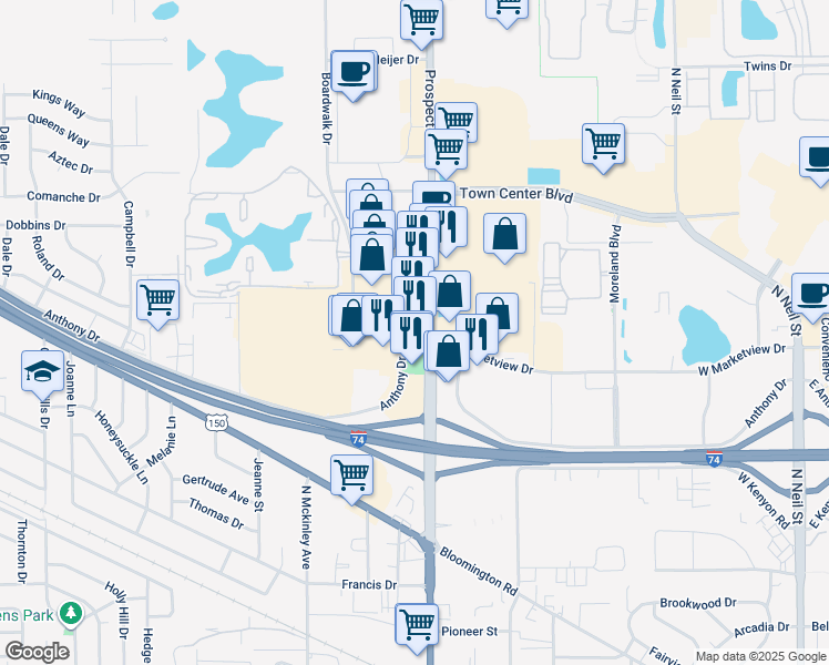 map of restaurants, bars, coffee shops, grocery stores, and more near 1901 North Prospect Avenue in Champaign