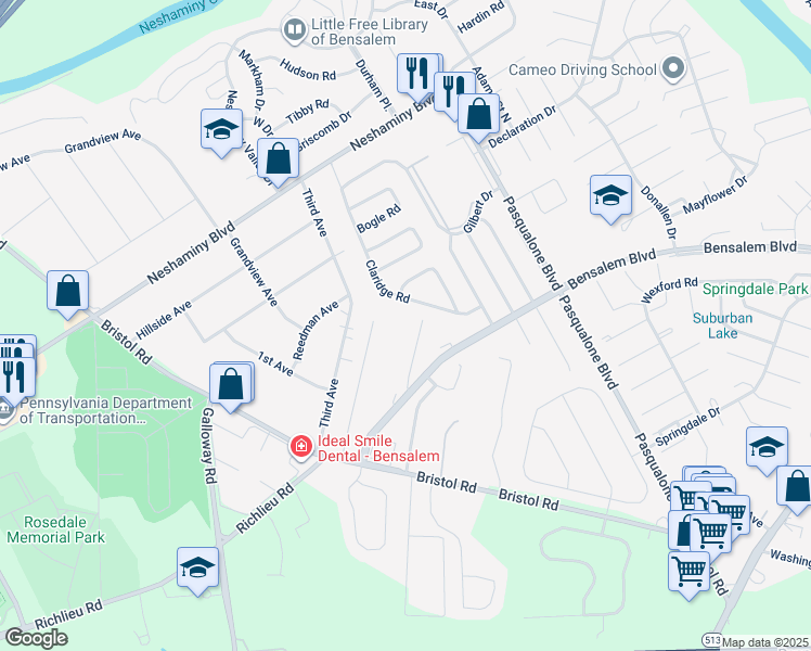 map of restaurants, bars, coffee shops, grocery stores, and more near 4952 Oxford Court in Bensalem
