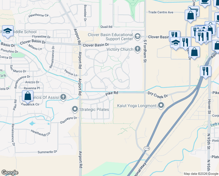 map of restaurants, bars, coffee shops, grocery stores, and more near 1490 Clover Creek Drive in Longmont