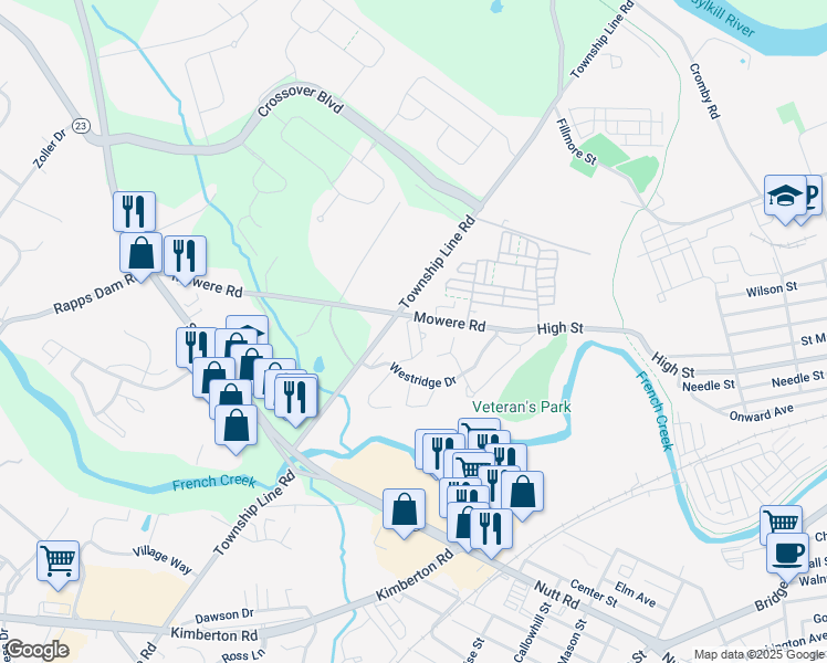 map of restaurants, bars, coffee shops, grocery stores, and more near 214 Westridge Place North in Phoenixville