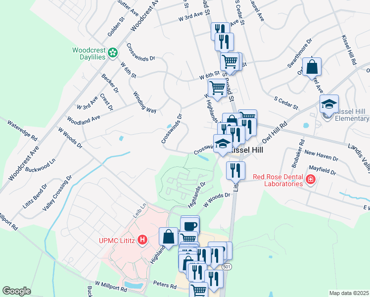 map of restaurants, bars, coffee shops, grocery stores, and more near 335 Crosswinds Drive in Lititz
