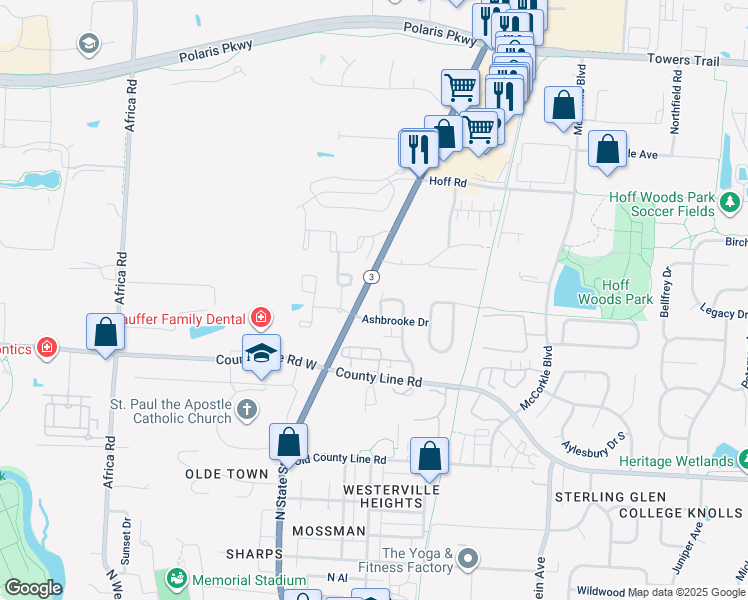 map of restaurants, bars, coffee shops, grocery stores, and more near 485 Pinebrooke Lane in Westerville