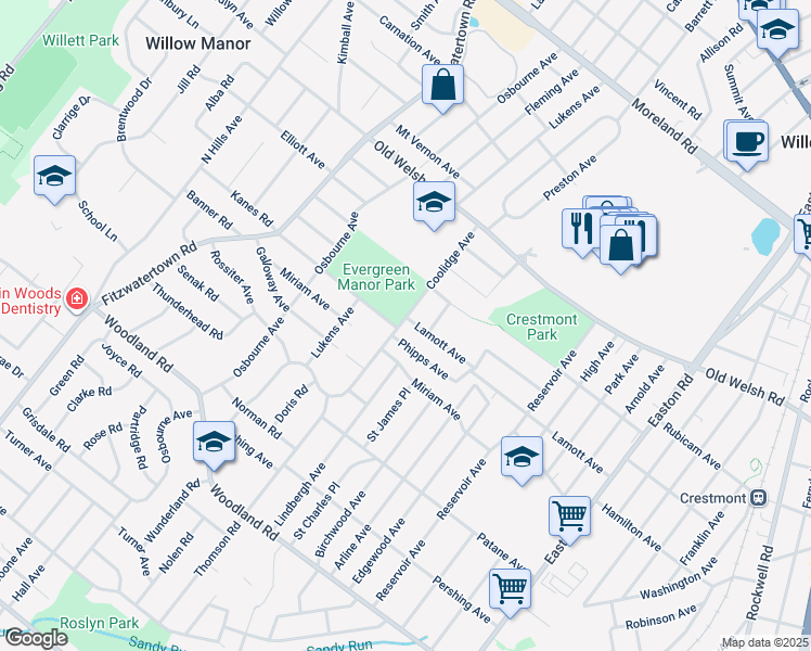 map of restaurants, bars, coffee shops, grocery stores, and more near 1615 Coolidge Avenue in Willow Grove