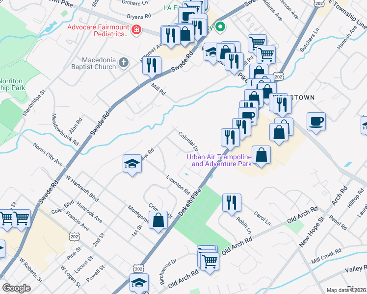 map of restaurants, bars, coffee shops, grocery stores, and more near 105 Valley View Road in Norristown