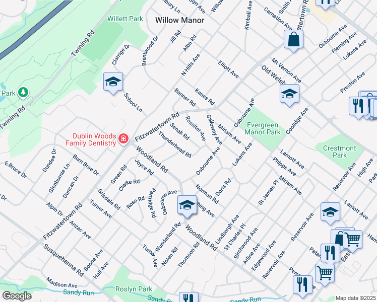 map of restaurants, bars, coffee shops, grocery stores, and more near 2881 Thunderhead Road in Abington